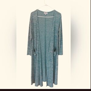 Lularoe Longline Cardigan Size Medium Heathered Teal Knit Front Pockets Cozy